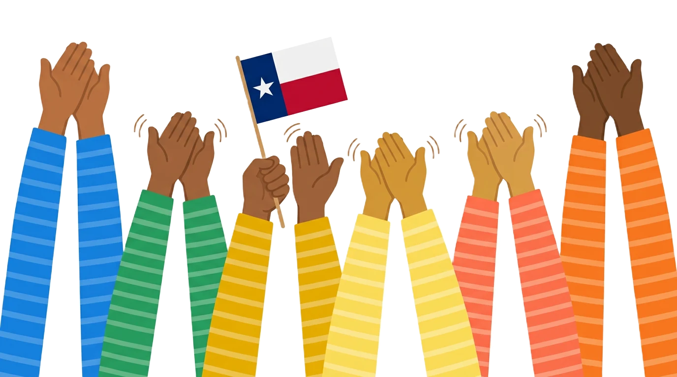 Colorful illustrated hands clapping, one holding a Texas flag